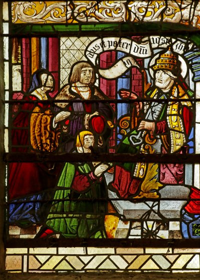 Window depicting Saint Peter as Pope receiving Donors by French School